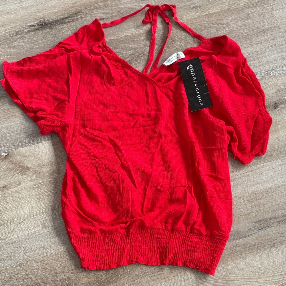 Paper Crane Red V-Neck Tie-Back Blouse